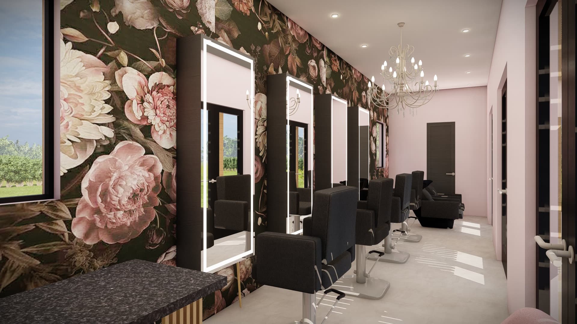 Inside Bloom Salon ATX, styling stations with floral wallpaper in Austin, Texas